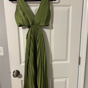Green pleated wedding guest dress